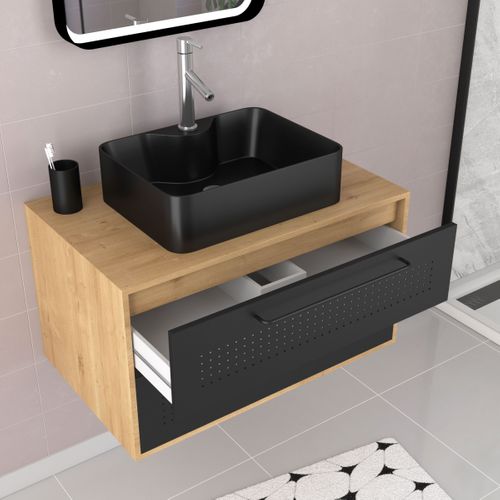 Meuble Salle De Bains 80 Cm, Vasque Rectangulaire Et Miroir LED - Chêne Naturel Et Noir Mat - Uby