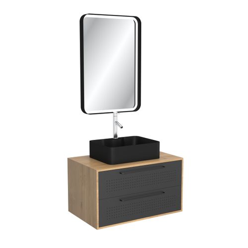 Meuble Salle De Bains 80 Cm, Vasque Rectangulaire Et Miroir LED - Chêne Naturel Et Noir Mat - Uby