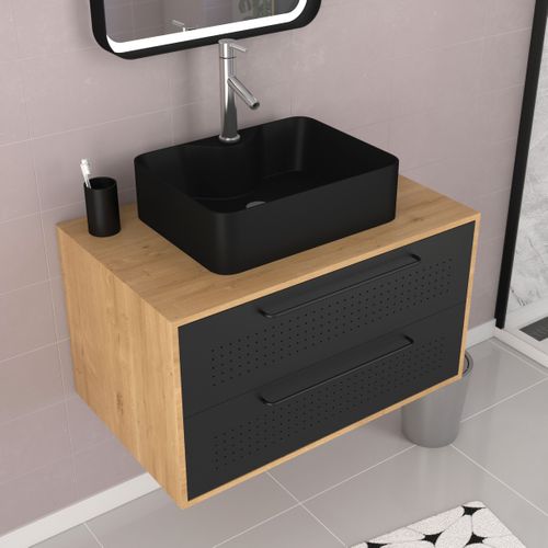 Meuble Salle De Bains 80 Cm, Vasque Rectangulaire Et Miroir LED - Chêne Naturel Et Noir Mat - Uby