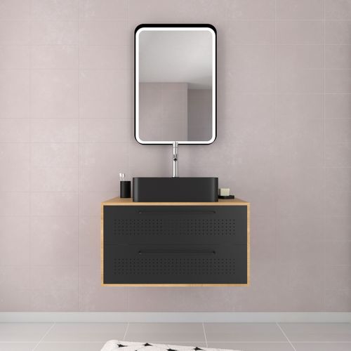 Meuble Salle De Bains 80 Cm, Vasque Rectangulaire Et Miroir LED - Chêne Naturel Et Noir Mat - Uby