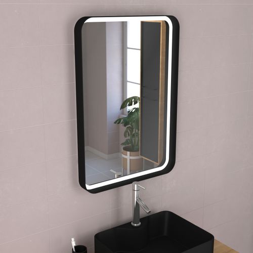 Meuble Salle De Bains 80 Cm, Vasque Rectangle, Miroir LED Et Colonne - Chêne Naturel Et Noir - Uby