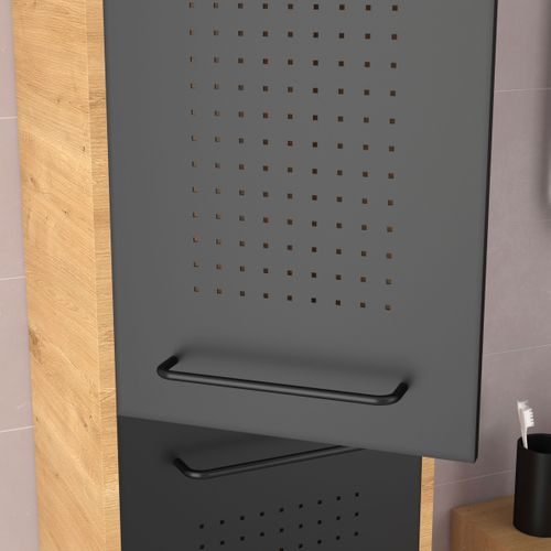 Meuble Salle De Bains 80 Cm, Vasque Rectangle, Miroir LED Et Colonne - Chêne Naturel Et Noir - Uby