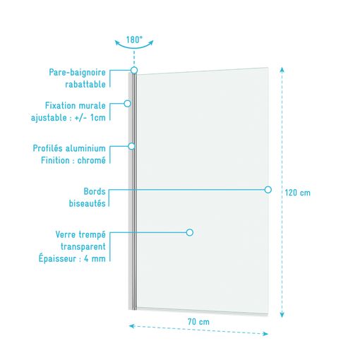 Pare Baignoire Rabattable 70x120cm - Profilé Chromé - Verre Trempé 4mm - Elementary