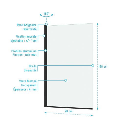 Pare Baignoire Rabattable 70x120cm - Profilé Noir Mat - Verre Trempé 4mm - Elementary