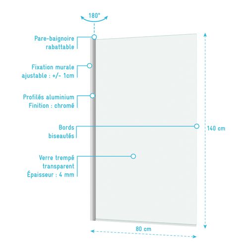 Pare Baignoire Rabattable 80x140cm - Profilé Chromé - Verre Trempé 4mm - Elementary