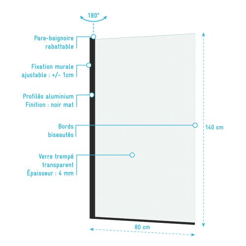 Pare Baignoire Rabattable 80x140cm - Profilé Noir Mat - Verre Trempé 4mm - Elementary