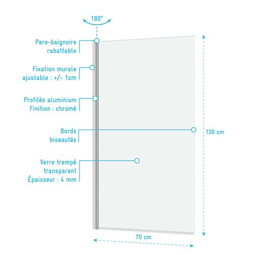 Pare Baignoire Rabattable 70x130cm - Profilé Chromé - Verre Trempé 4mm - Elementary
