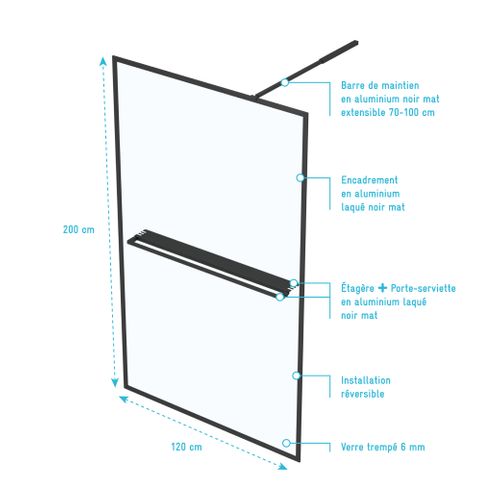 Paroi De Douche Noir Mat 120x200cm - Porte-serviette Et Étagère - Dark Contouring Shelf