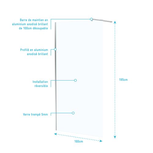 Paroi De Douche 100x195 Cm En Verre Trempé 5 Mm - Finition Chromé - Chromed Elementary
