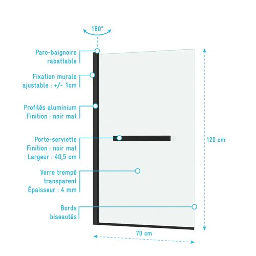 Pare Baignoire Rabattable Avec Porte-serviette 70x120 Cm - Profilé Noir Mat - Verre 4 Mm