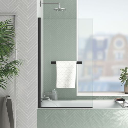 Pare Baignoire Rabattable Avec Porte-serviette 70x120 Cm - Profilé Noir Mat - Verre 4 Mm