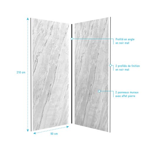 Pack De 2 Panneaux Muraux Pierre Artic Storm 90+90x210 Cm Avec Profilés Noir Mat - Stone'it