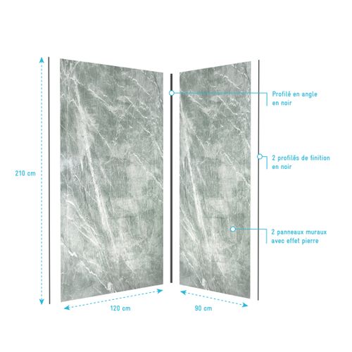 Pack De 2 Panneaux Muraux Pierre Artic Green 90+120x210 Cm Avec Profilés Noir Mat - Stone'it
