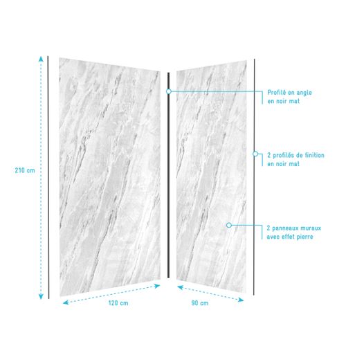 Pack De 2 Panneaux Muraux Pierre Artic Storm 90+120x210 Cm Avec Profilés Noir Mat - Stone'it