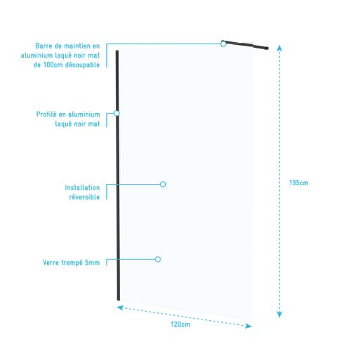 Paroi De Douche 120x195 Cm En Verre Trempé 5 Mm - Finition Noire - Dark Elementary