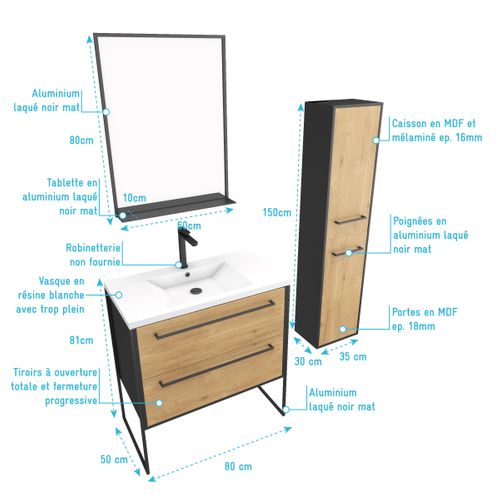Meuble Salle De Bains 80 Cm, Vasque Blanche, Miroir Et Colonne - Chêne Et Noir - Structura