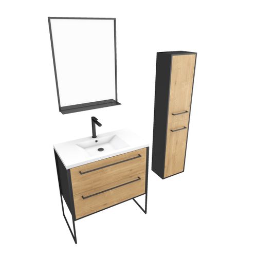 Meuble Salle De Bains 80 Cm, Vasque Blanche, Miroir Et Colonne - Chêne Et Noir - Structura