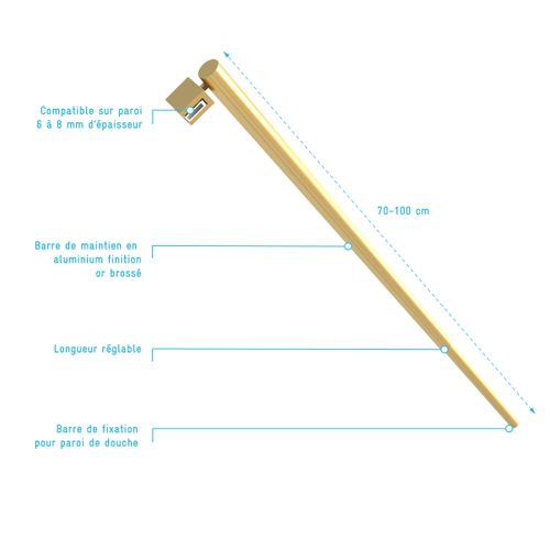 Barre De Fixation Murale Or Dore Brosse Réglable De 70 à 100cm Pour Paroi De Douche Freedom 2 Gold
