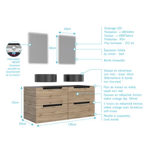 Meuble Salle De Bains 120cm Chene Et Noir, Vasques Rondes Diam 41cm Et Miroirs LED 40x60 - Omega