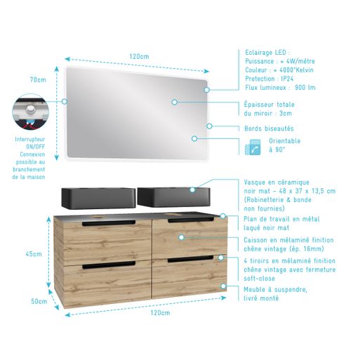 Meuble Salle De Bains 120cm Chêne Et Noir, Vasques Rectangulaires Et Miroir LED 120x70 - Omega