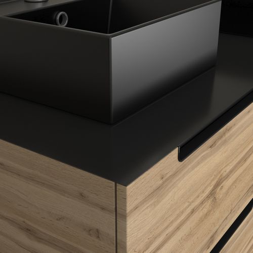 Meuble Salle De Bains 120cm Chêne Et Noir, Vasques Carrées Et Miroir LED 120x70 - Omega