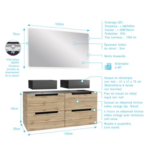 Meuble Salle De Bains 120cm Chêne Et Noir, Vasques Carrées Et Miroir LED 120x70 - Omega