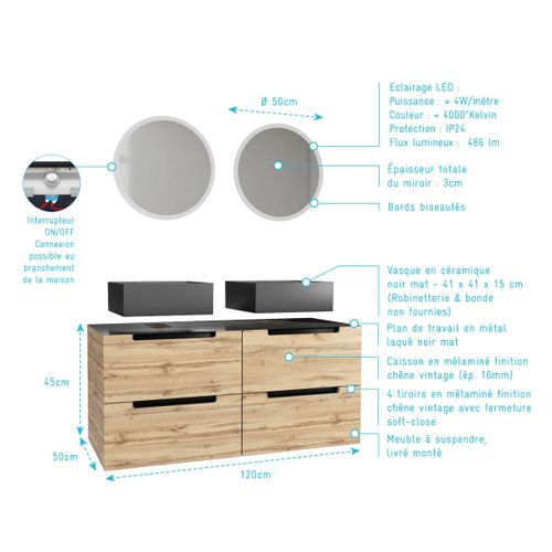 Meuble Salle De Bains 120cm Chene Et Noir, Vasques Carrees Et Miroirs LED Diam 50cm - Omega