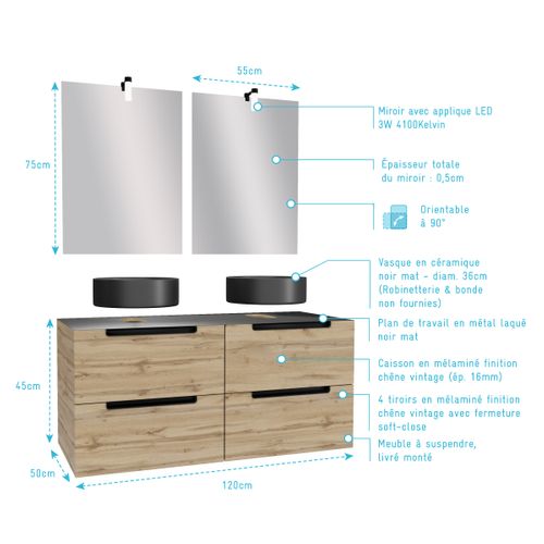 Meuble Salle De Bains 120cm Chene Et Noir, Vasques Rondes Diam 36 Et Miroirs Avec Appliques 55x75