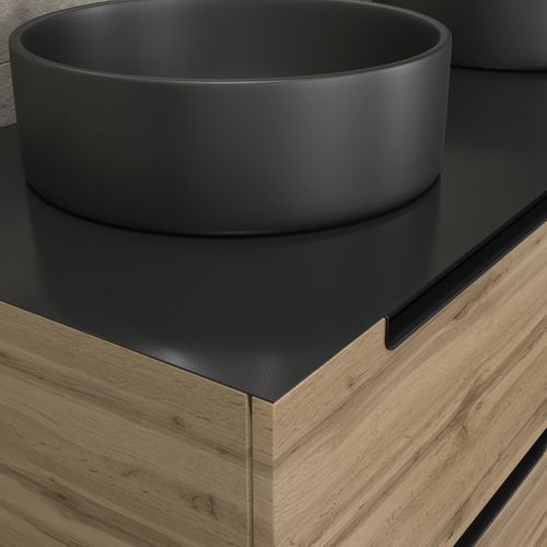 Meuble Salle De Bains 120cm Chene Et Noir, Vasques Rondes Diam 36 Et Miroirs Avec Appliques 55x75