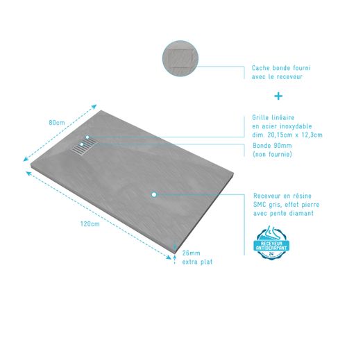 Receveur De Douche Gris Effet Pierre 80x120 Cm Et Grille Décor Linéaire En Inox