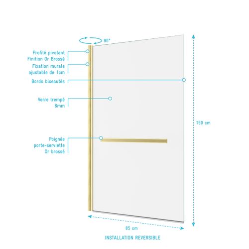 Pare Baignoire Pivotant Avec Porte-serviette 85x150cm - Or Doré Brossé - Verre 6mm - Tshape Goldy