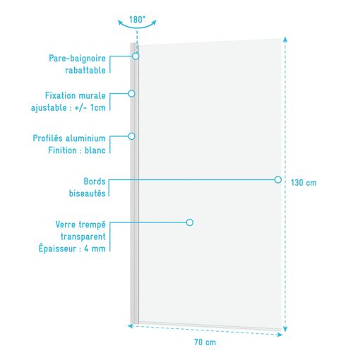 Pare Baignoire Rabattable 70x130cm - Profilé Blanc Mat - Verre Trempé 4mm - Elementary