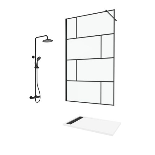Paroi De Douche 120 Cm Sérigraphie Noire Et Receveur Blanc 80x120 + Colonne De Douche Thermostatique