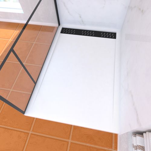 Paroi De Douche 120 Cm Sérigraphie Noire Et Receveur Blanc 80x120 + Colonne De Douche Thermostatique