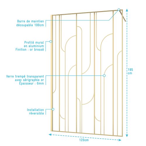 Paroi De Douche à L'italienne 120x195cm Sérigraphie Art Déco Arrondie - Or Brossé - Gatsby