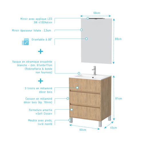 Pack Meuble Salle De Bains 60cm Chêne Clair 3 Tiroirs, Vasque, Miroir 60x80 Et Réglette LED - Xenos