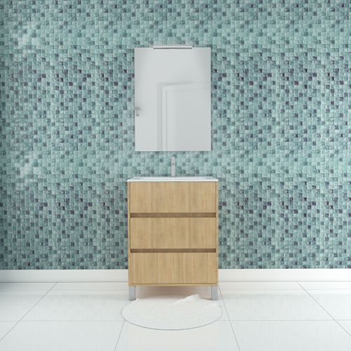 Pack Meuble Salle De Bains 60cm Chêne Clair 3 Tiroirs, Vasque, Miroir 60x80 Et Réglette LED - Xenos