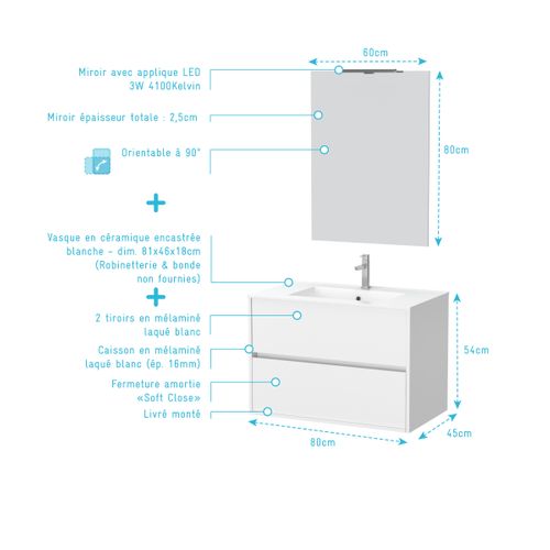 Pack Meuble Salle De Bains 80cm Blanc 2 Tiroirs, Vasque, Miroir 60x80 Et Réglette LED - Xenos