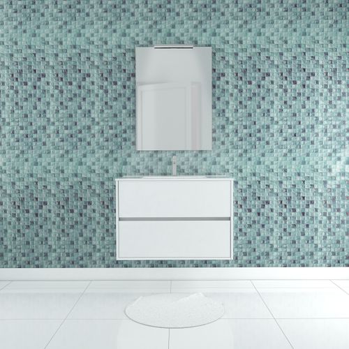 Pack Meuble Salle De Bains 80cm Blanc 2 Tiroirs, Vasque, Miroir 60x80 Et Réglette LED - Xenos