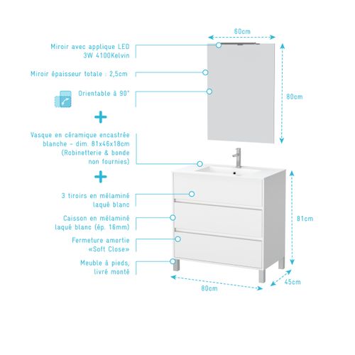Pack Meuble Salle De Bains 80cm Blanc 3 Tiroirs, Vasque, Miroir 60x80 Et Réglette LED - Xenos