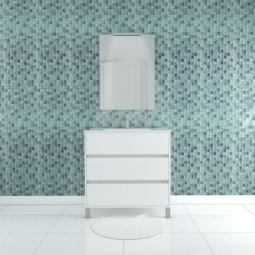 Pack Meuble Salle De Bains 80cm Blanc 3 Tiroirs, Vasque, Miroir 60x80 Et Réglette LED - Xenos