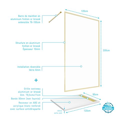 Paroi De Douche 120x200cm + Grille Finition Or Doré Brossé + Receveur Blanc 120x90x4cm