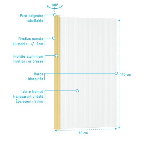 Pare Baignoire Rabattable 80x140cm - Profilé Or Doré Brossé - Verre Trempé Ondulé 5mm - Wavy