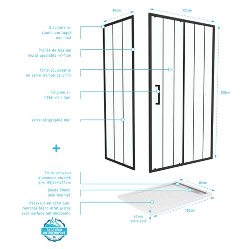 Porte Coulissante Et Retour Avec Sérigraphie Noire 120x80x200 Cm + Receveur Blanc Effet Pierre