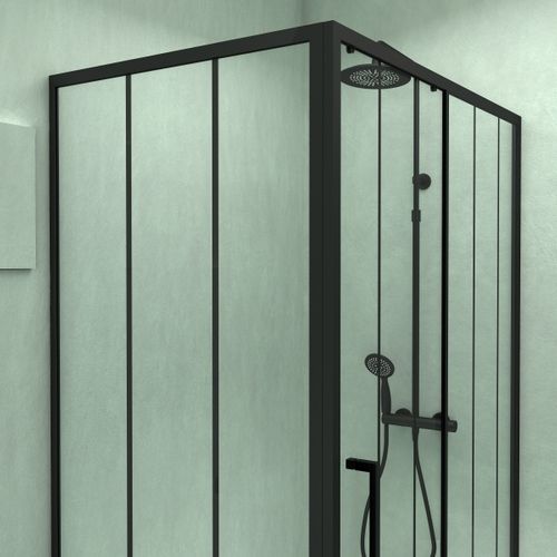 Porte Coulissante Et Retour Avec Sérigraphie Noire 120x80x200 Cm + Receveur Blanc Effet Pierre