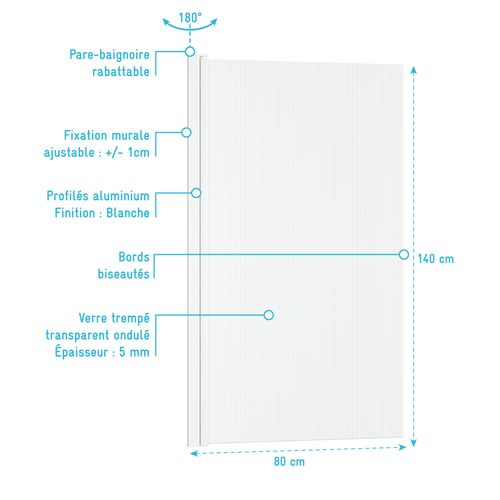 Pare Baignoire Rabattable 80x140cm - Profilé Blanc - Verre Trempé Ondulé 5mm - Wavy