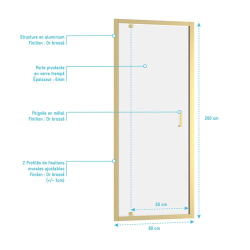 Porte De Douche Pivotante 80x200cm - Profilés Or Doré Brossé - Verre Trempé 6mm - Goldy Crush