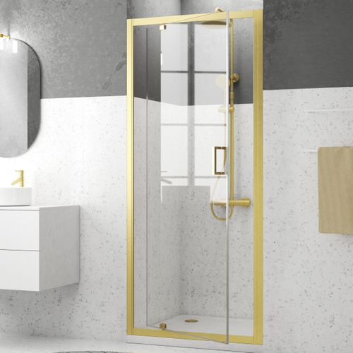 Porte De Douche Pivotante 90x200cm - Profilés Or Doré Brossé - Verre Trempé 6mm - Goldy Crush