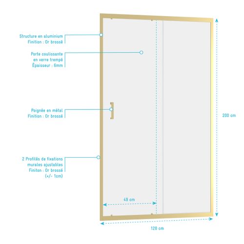 Porte De Douche Coulissante 120x200cm - Profilés Or Doré Brossé - Verre Trempé 6mm - Goldy Crush