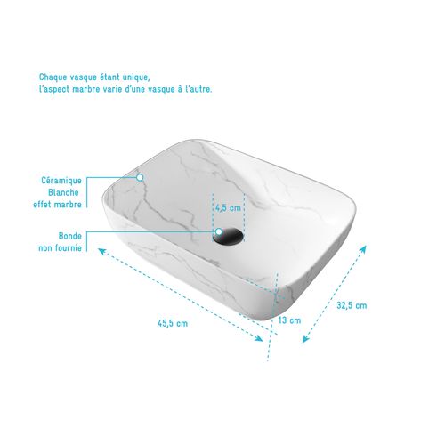 Vasque à Poser Rectangle En Céramique Blanche Mat Effet Marbre - 45,5x32,5x13 Cm - White Marble